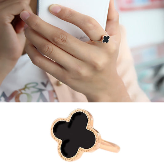 Fashion simple personality four-leaf clover ring Korean version of 18K rose gold plated black open female ring.