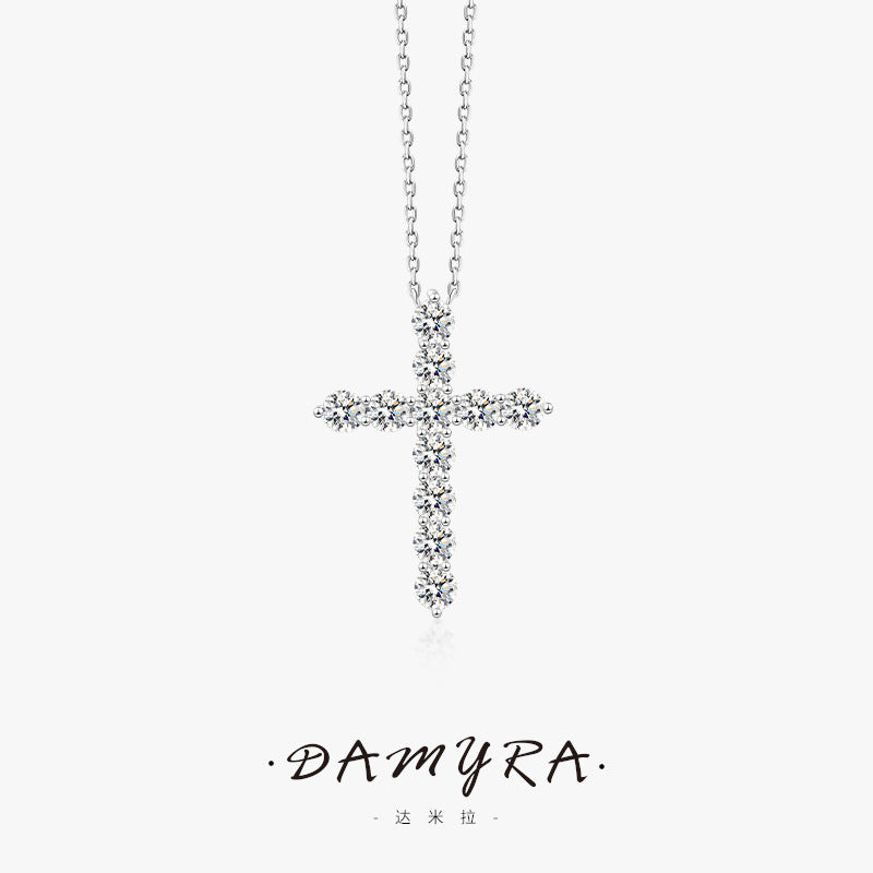 Cross Necklace Female S925 Sterling Silver Fashion European and American Style Dignified Pendant over Moissanite Clavicle Chain