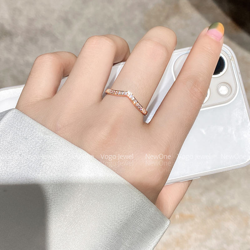 925 Sterling Silver V-Shaped Row Diamond Ring Guard Ring Pair Ring Index Finger HALF RING Diamond Zircon Carbink Female V-Shaped Stackable Ring Twin