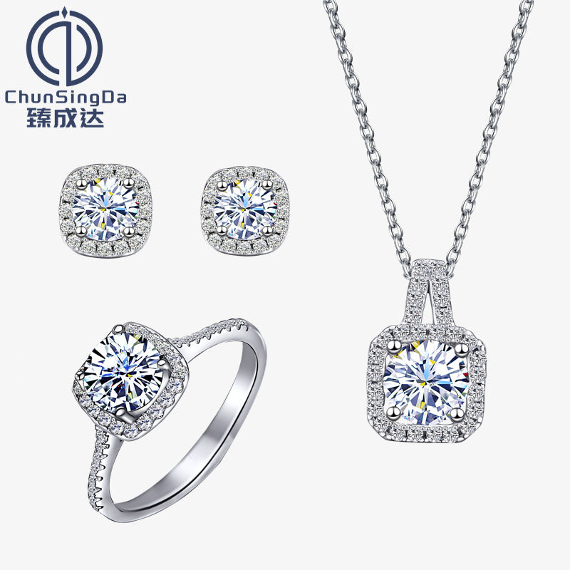 ZhenchengdaS925Sterling Silver Moissanite Bright Heart Square Bag Necklace Ring Ear Studs Douyin Online Influencer Live Supply